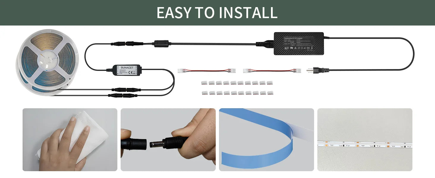 COB LED Strip Light 12m/roll Warm White 3000K 65000K High Lumen CRI 90+ with RF Remote for Bedroom Counter Under Cabinet Kitchen