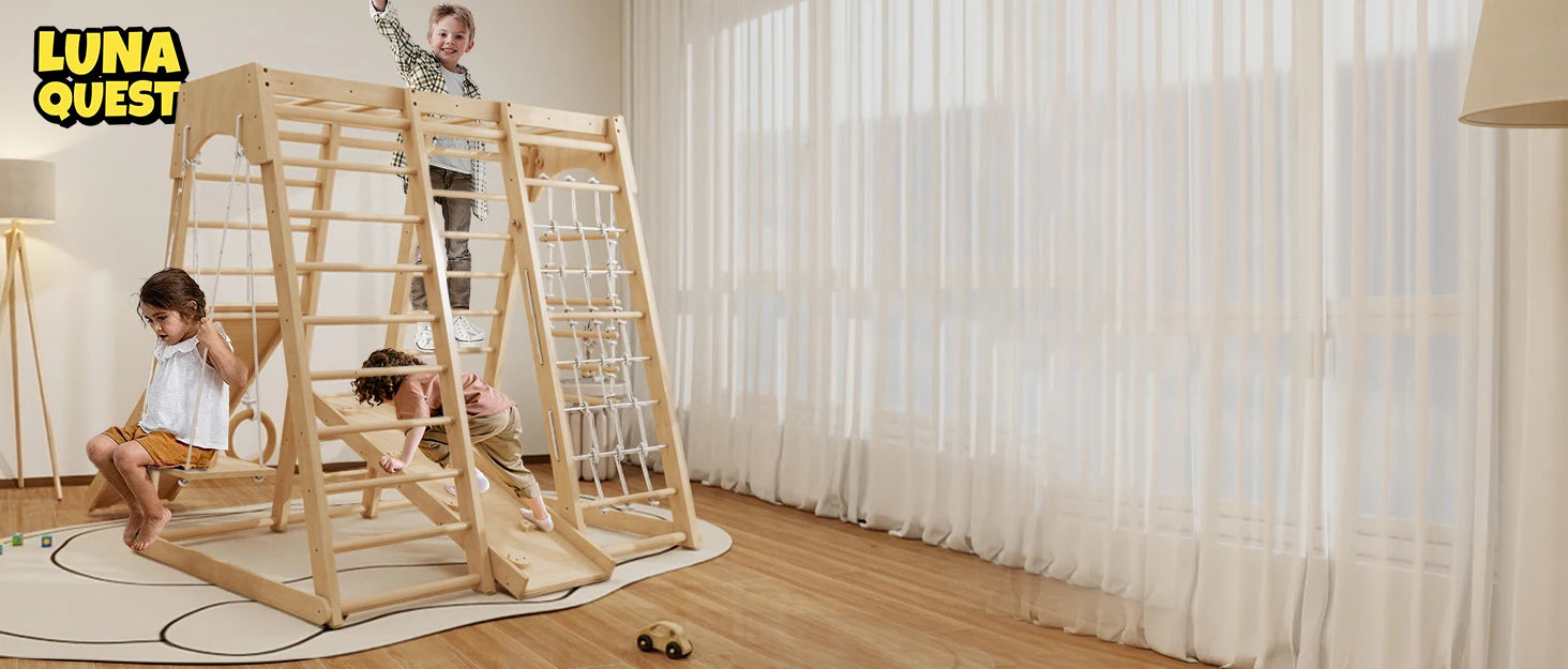 Indoor Jungle Gym, Montessori Climbing Toys, Toddler Indoor Playground Set 8-in-1 with Swing, Armband, Rock Climb Wall, Slide, M Shopifynow