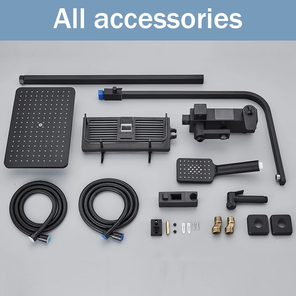 Black Digital Display Thermostatic Shower Faucet Bathroom Thermostatic 4 ways Rainfall Shower Mixer Tap,Shelf and Bidet Faucets - Shopifynow