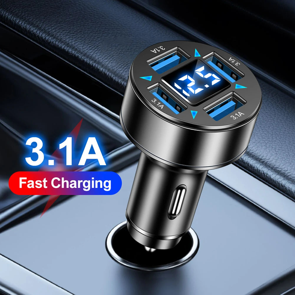 66W Car Charger 4-Port Fast Charging Blue Light Power Socket QC 3.0 Phone Charge Adapter in Car for Xiaomi iPhone Samsung Shopifynow