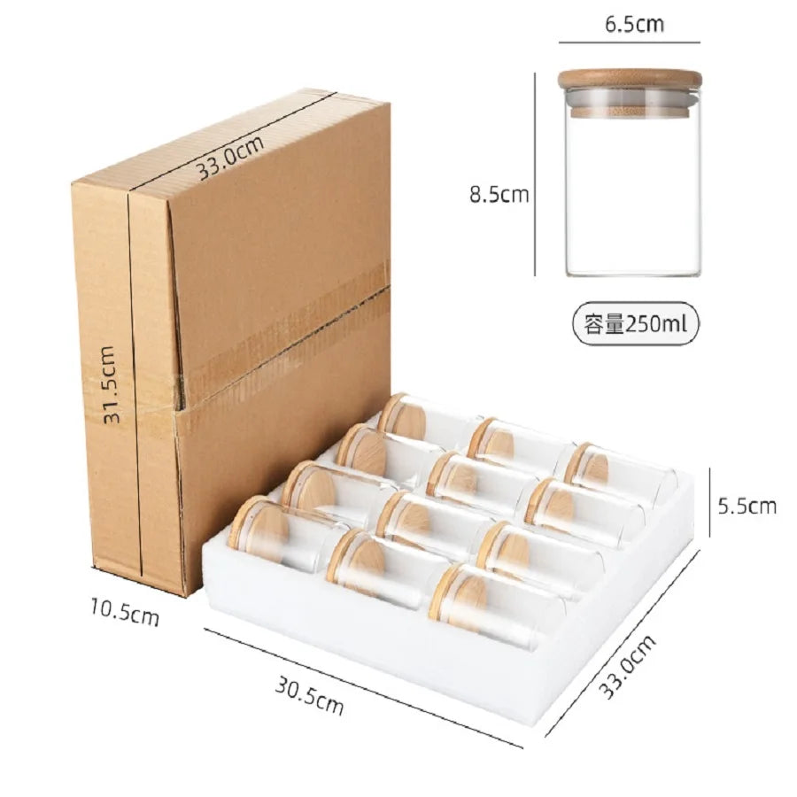 12pcs/set Airtight Glass Storage Jar with Bamboo Lid for Tea,Coffee,Sugar Portable and Transparent Container for Home Kitchen Shopifynow