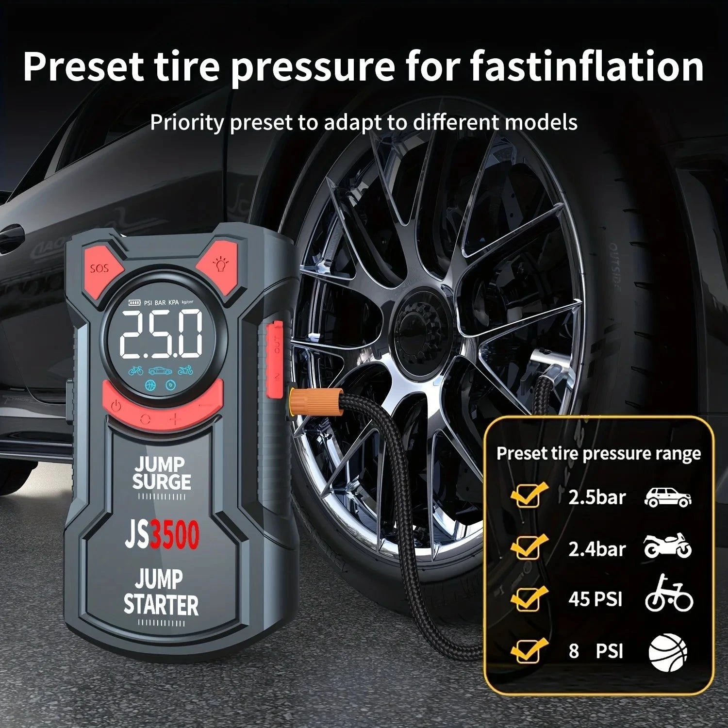 5-in-1 Multifunctional Air Pump Jump Starter with Air Compressor 3000A Peak/150PSI Battery Jump Starter Digital Tire Inflator Shopifynow