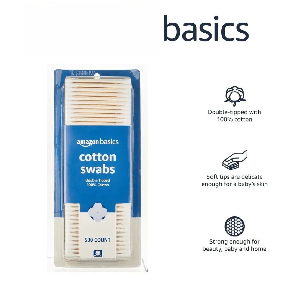 Basics Cotton Swabs for Personal Hygiene and Baby Care, 2000 Count, 4 Pack of 500 Count