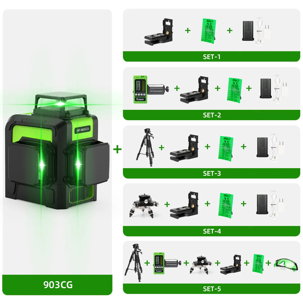 Huepar 903CG Set 12 3D Cross Lines Laser Level Osram Green Laser Beam Self-Leveling 360 Vertical Horizontal with Receiver Tripod - Shopifynow