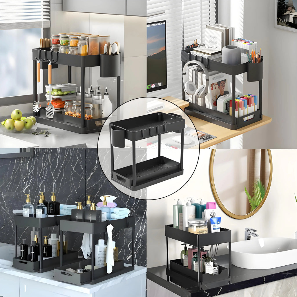 2-Pack Modular Under Sink Shelves - Adjustable Steel Organizer ✔Epoxy-Coated & Rustproof (Cabinet Closet Storage) Shopifynow