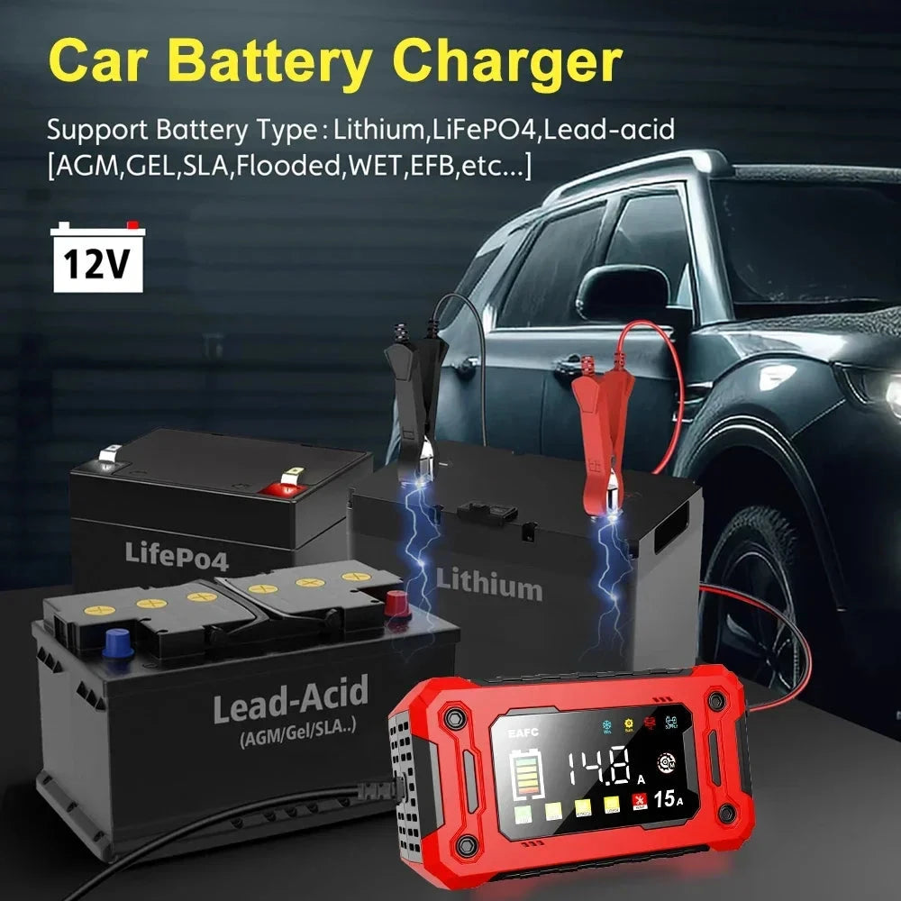 12V15A Car Smart Pulse Repair Charger suitable for cars, motorcycles, boats, AGM, GEL, WET lead-acid batteries Shopifynow