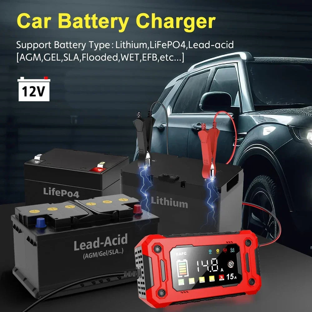 12V15A Car Smart Pulse Repair Charger suitable for cars, motorcycles, boats, AGM, GEL, WET lead-acid batteries