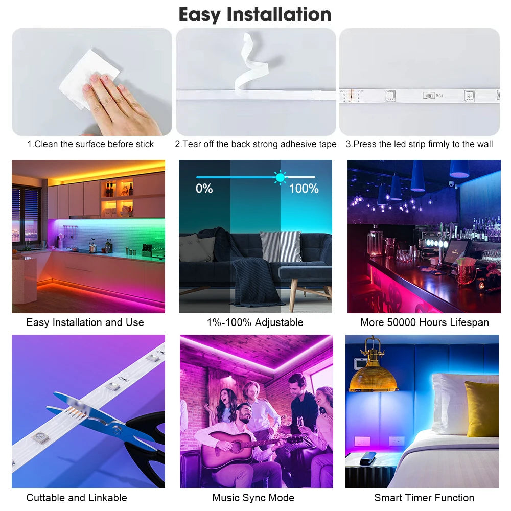 Led Lights for Bedroom 5050 RGB Strip Music Sync Color Changing With Remote and App Control Strips Room Home TV Party Decoration Shopifynow