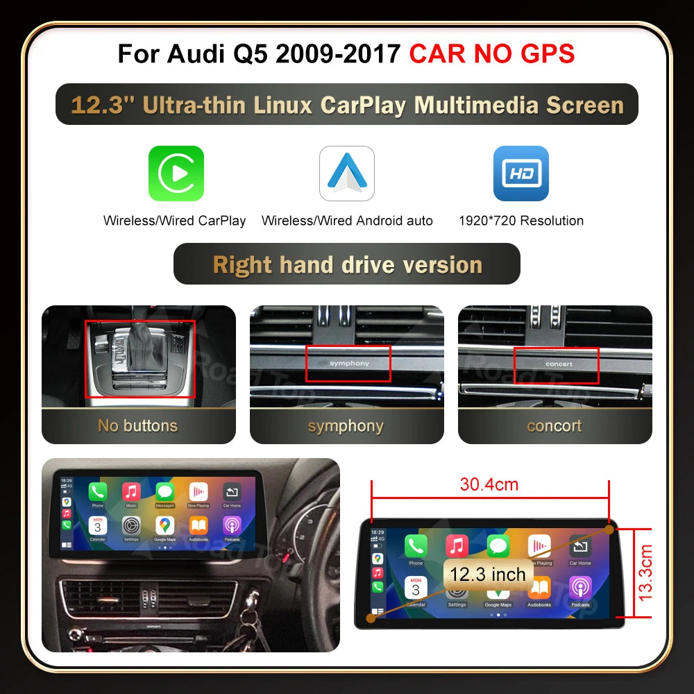 12.3' RoadTop Wireless CarPlay Multimedia Linux Screen Android Auto For Audi Q5 2009-2017 Airplay Autolink Function - Shopifynow