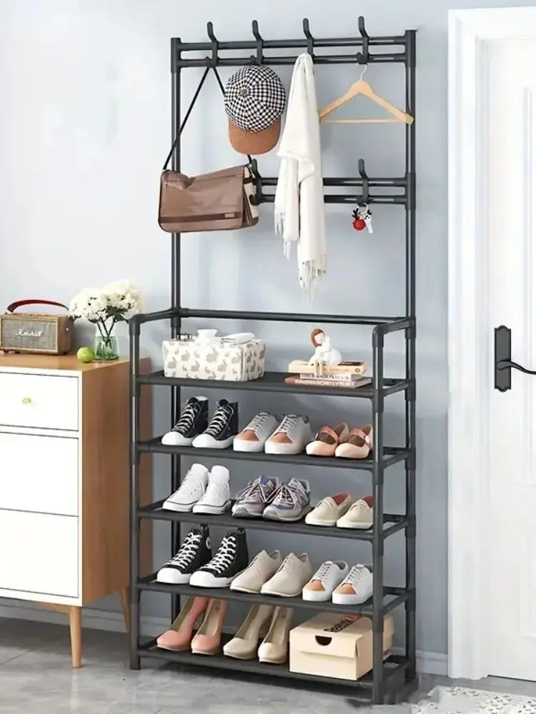 A clothes hanger and shoe rack at the entrance, used for storing shoes, clothes, jackets, hats, bags, umbrellas in the hallway Shopifynow