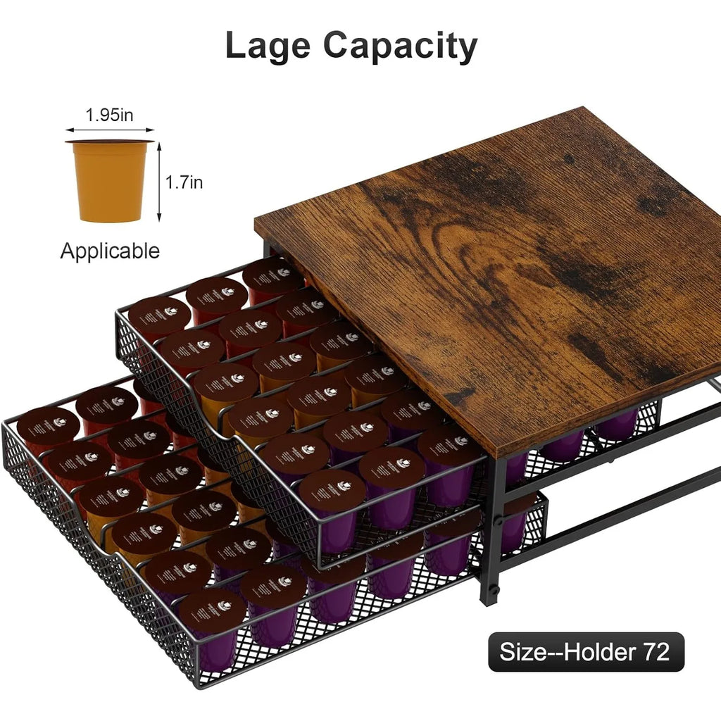 2-Tier 72-Cap Coffee Pod Organizer | Industrial Brown/Black Drawer w/ Baskets | Space-Saving K-Cup Storage Shopifynow