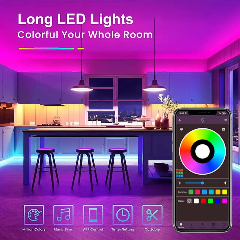 LED Strip Lights RGB 5050 LED Strips Bluetooth APP Control Color Changing DC 12V 30LEDS/M Per Meter For Bedroom Room Kitchen Bar Shopifynow