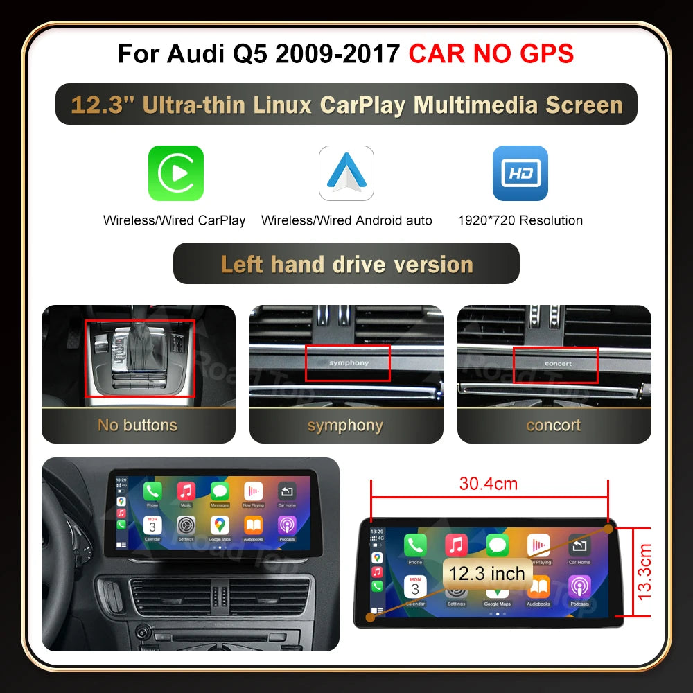 12.3' RoadTop Wireless CarPlay Multimedia Linux Screen Android Auto For Audi Q5 2009-2017 Airplay Autolink Function - Shopifynow