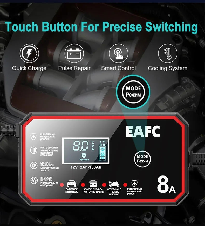 12V 8A Smart Car Battery Charger Automatic Start Fast Charger Pulse Repair Motorcycle Truck Battery Charger GEL Lead Acid Shopifynow