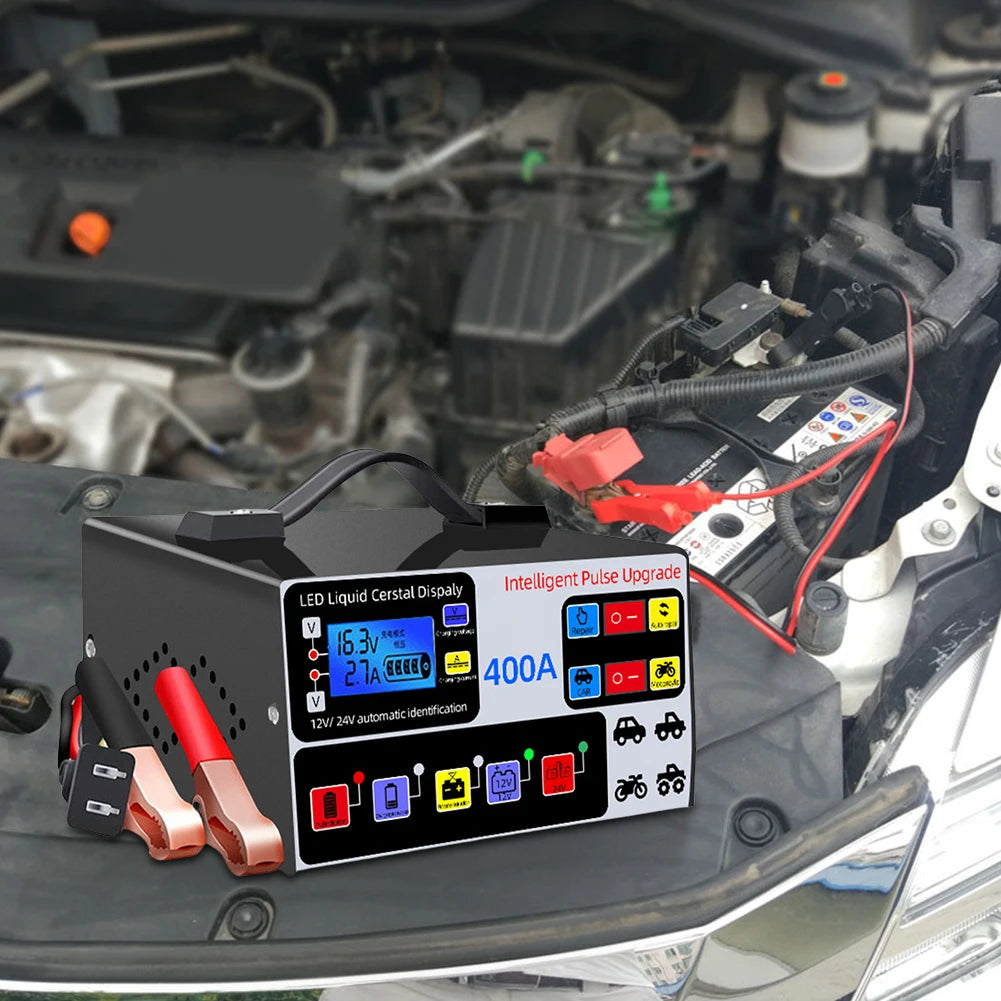 400A Heavy Duty Smart Battery Charger LCD Display Car Battery Charger 12/24V Intelligent Pulse Repair Charger High Power
