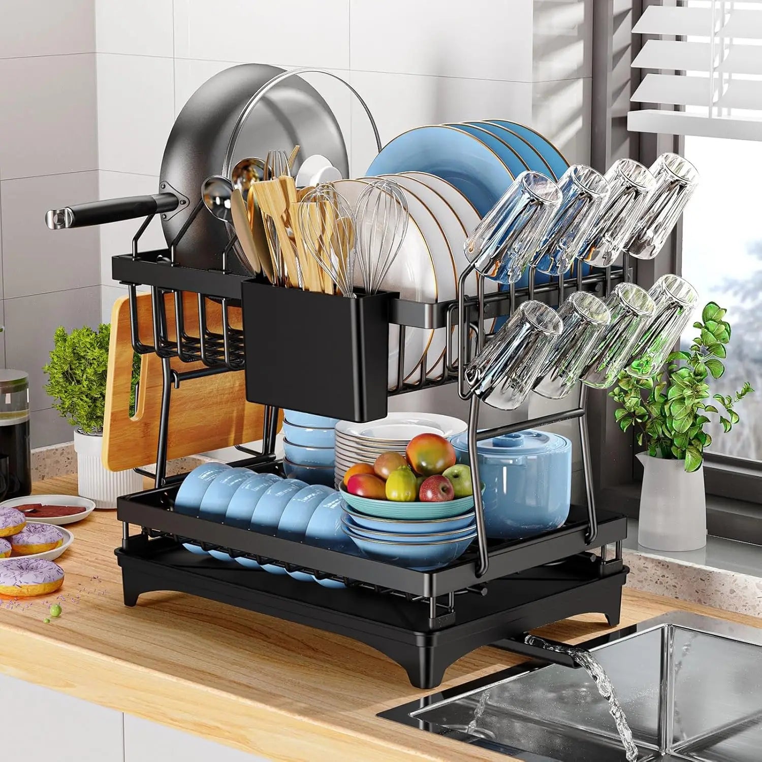 Kitchen countertop 2-tier dish drying rack, kitchen countertop dish drainer with drip tray, metal kitchen dish rack with drip tr Shopifynow