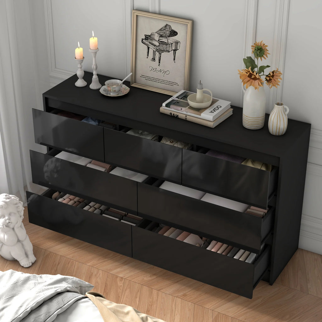 7 Drawer Dresser for Bedroom, 55 Inch Modern Dresser with High Gloss Drawers, Large Wood Chest of Drawer, White/Black Shopifynow
