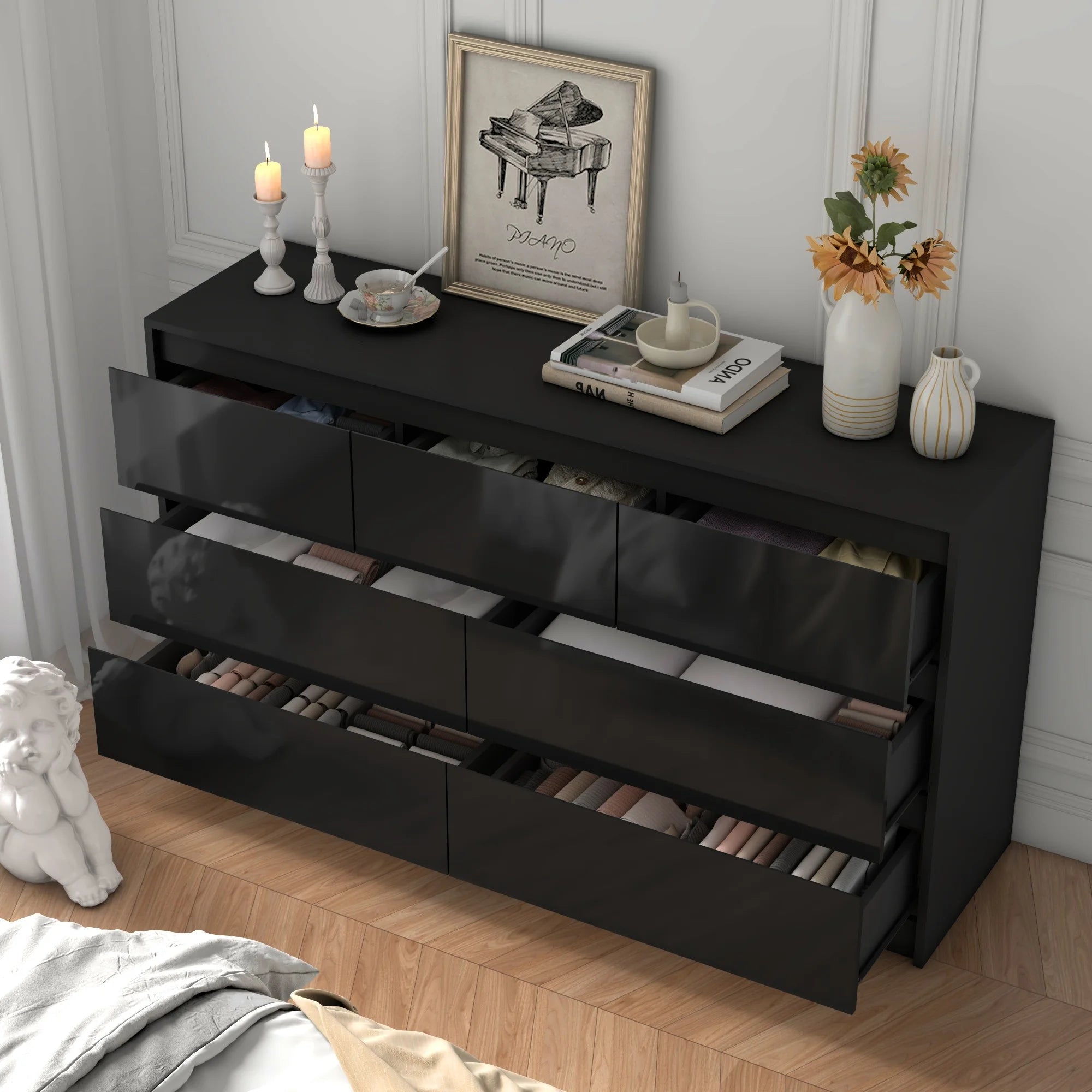 7 Drawer Dresser for Bedroom, 55 Inch Modern Dresser with High Gloss Drawers, Large Wood Chest of Drawer, White/Black Shopifynow