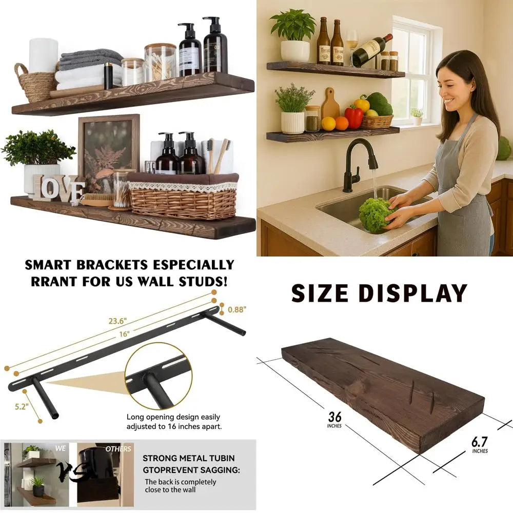 36 Rustic Distressed Wooden Floating Shelves - Wide for Home Use in Bathroom, Living Room, Bedroom, and Kitchen Shopifynow