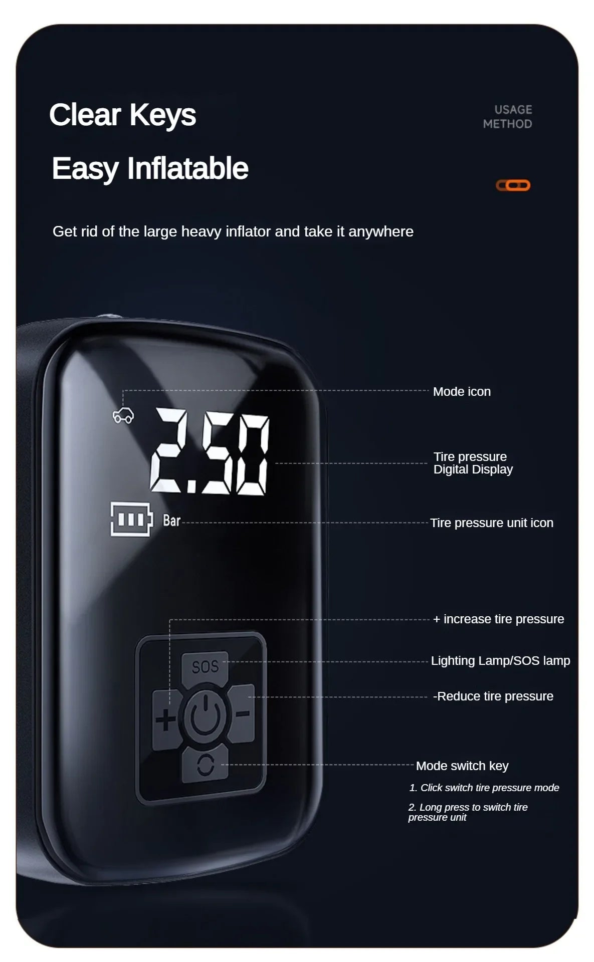 EAFC Portable Tire Inflator Car Tire Inflator Tire Inflator Pump With Digital Display Electric Inflator Mini Bicycle Air Pump