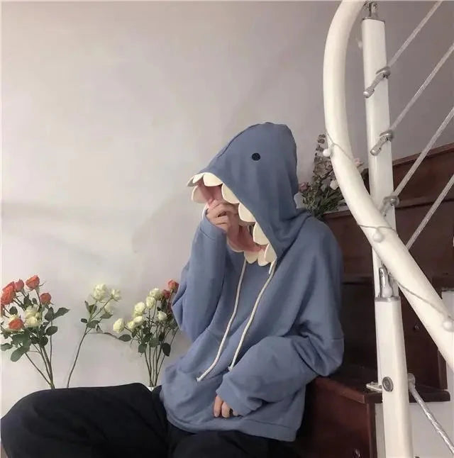 2025 Fall Japanese Kawaii Shark Hoodie - Plush Fleece Oversized Unisex Pullover with Fun Ear Hood Club outfits for women 2025 Shopifynow