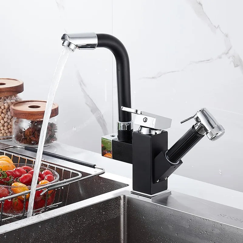 kitchen Sink Faucet Black Deck Mounted Flexible Pull Out Mixer Tap Hot Cold Kitchen Faucet Spring Spout Chrome Silver Faucet Shopifynow