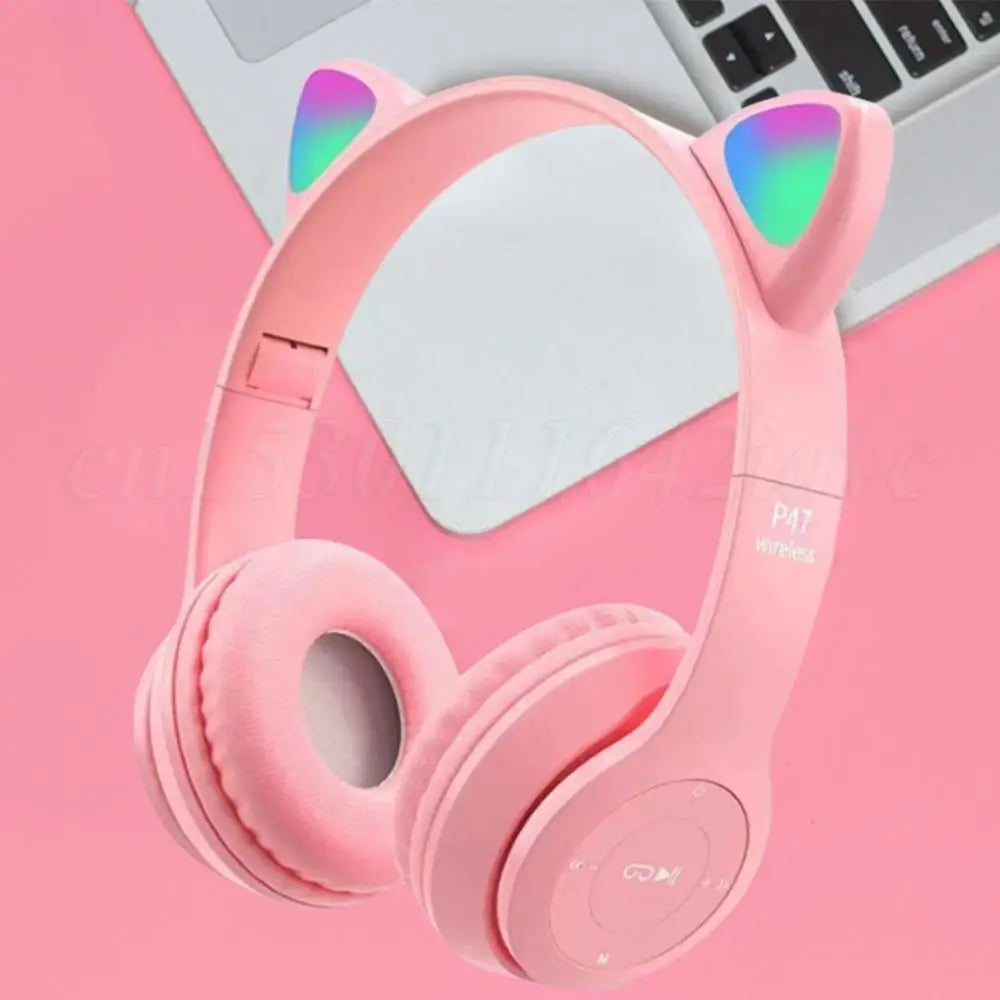 Wireless Headphones Cat Ear Gaming Headset Glow Light Bluetooth-Compatible Helmets Cute Over-Ear Headsets for Kids and Adult Shopifynow