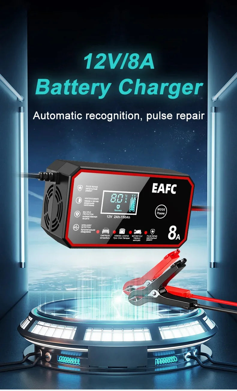 12V 8A Smart Car Battery Charger Automatic Start Fast Charger Pulse Repair Motorcycle Truck Battery Charger GEL Lead Acid