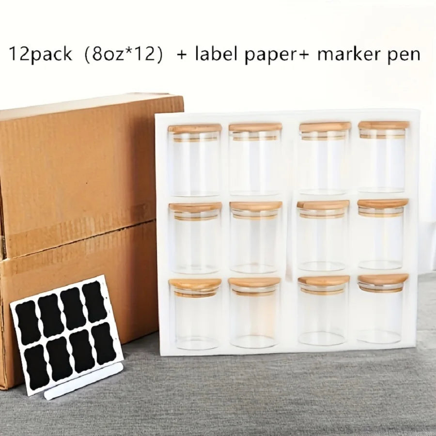 12pcs/set Airtight Glass Storage Jar with Bamboo Lid for Tea,Coffee,Sugar Portable and Transparent Container for Home Kitchen Shopifynow