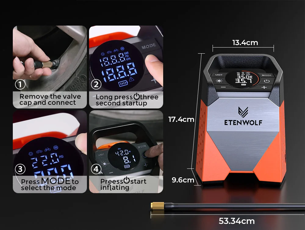 ETENWOLF ZEPHYR S3C Portable Air Compressor 100% Duty Cycle Car Tire Inflator 7800mAh for Cars, Motorcycles, Bicycles Balls