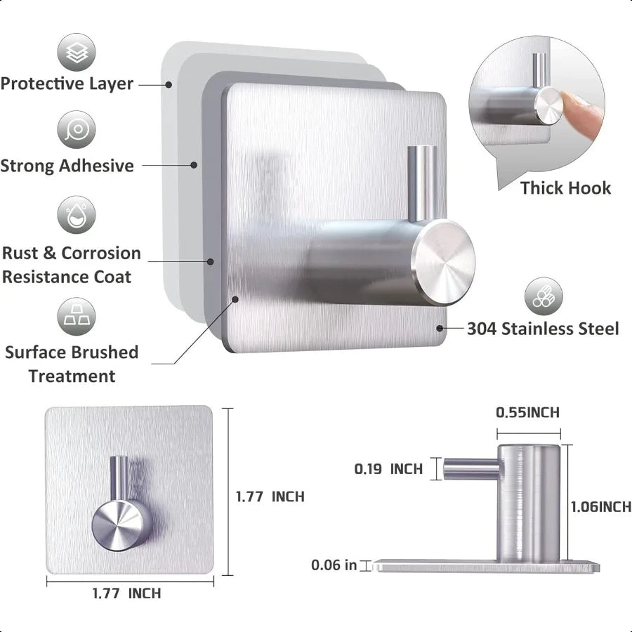 Adhesive Hooks Heavy Duty Wall Hooks Waterproof Stainless Steel Towel Racks for Bathroom Wall Hooks for Hanging 4Packs Matte Bl