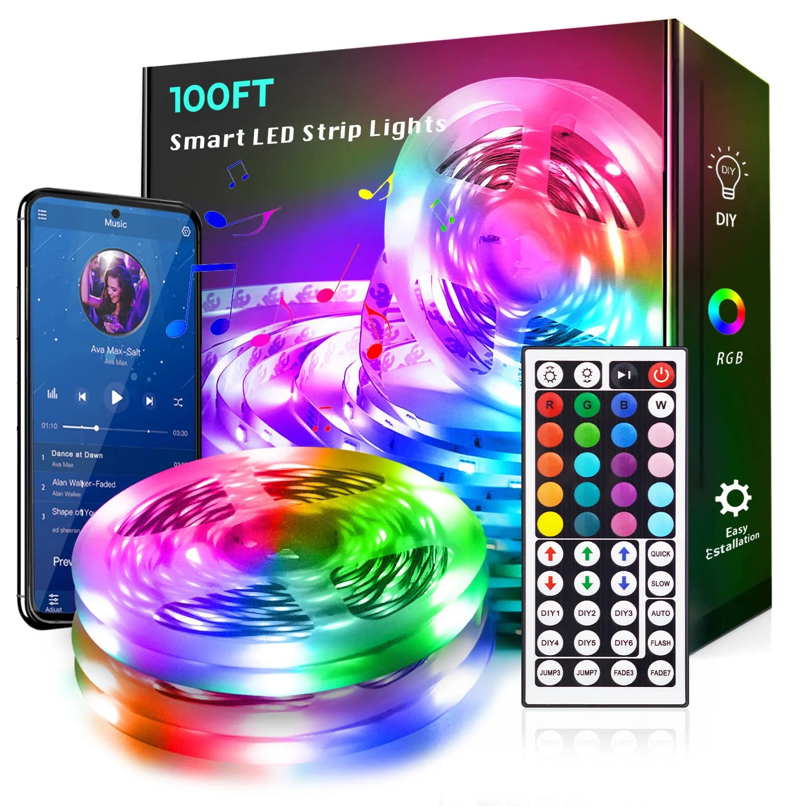 100ft led Strip Lights  Tape Lights with Remote Bluetooth Smart App 5050 RGB Color Changing Strip Lighting Bedroom Kitging Decor Shopifynow