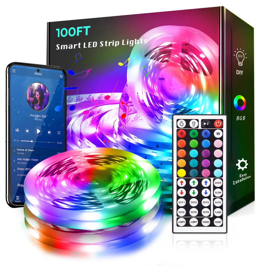 100ft led Strip Lights  Tape Lights with Remote Bluetooth Smart App 5050 RGB Color Changing Strip Lighting Bedroom Kitging Decor Shopifynow