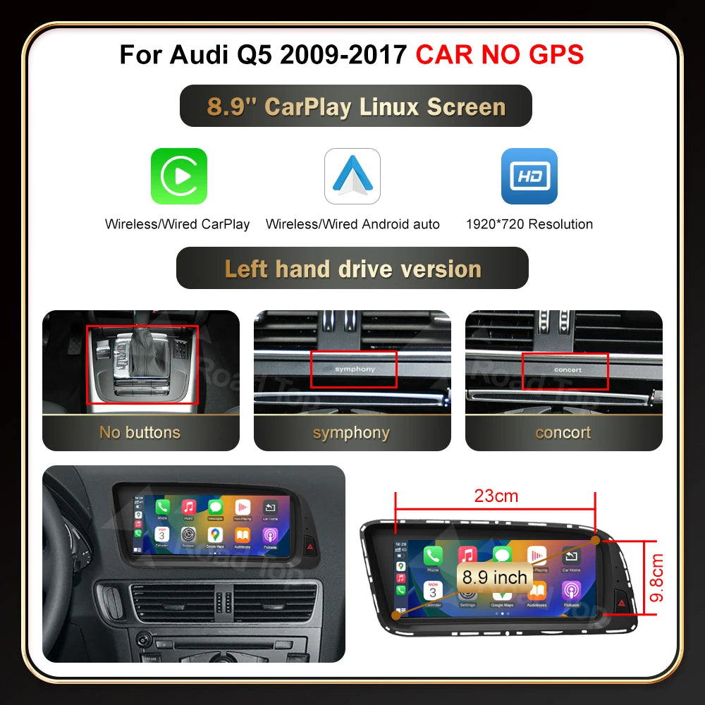 12.3' RoadTop Wireless CarPlay Multimedia Linux Screen Android Auto For Audi Q5 2009-2017 Airplay Autolink Function - Shopifynow