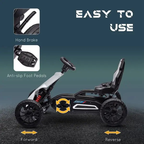 Kids Pedal Go Kart Outdoor Ride-on Toy with Adjustable Seat Swing Axle Handbrake White for Boys and Girls 3-8 Years