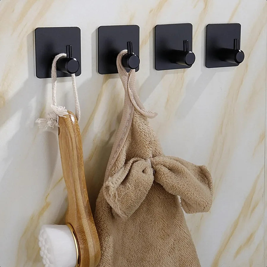 Adhesive Hooks Heavy Duty Wall Hooks Waterproof Stainless Steel Towel Racks for Bathroom Wall Hooks for Hanging 4Packs Matte Bl