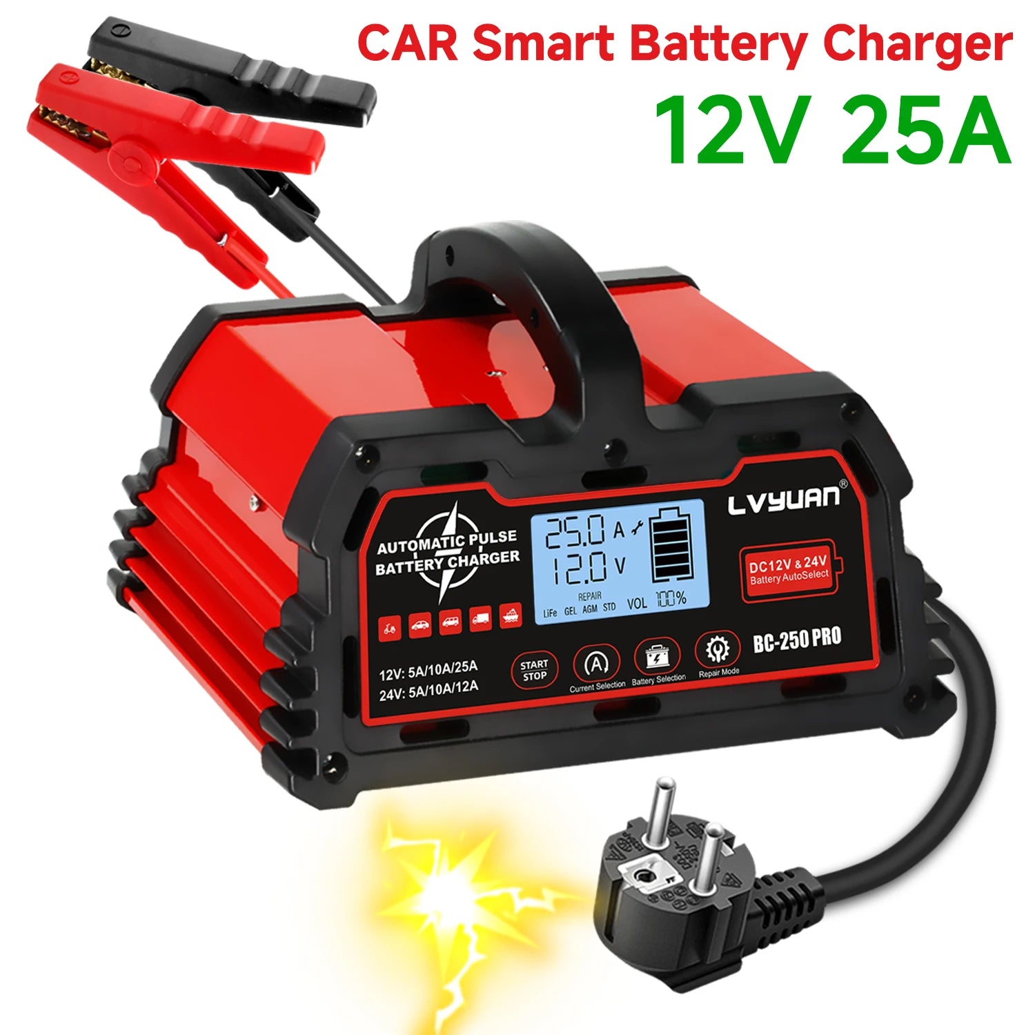 Auto DC12V 24V Battery Charger Smart LCD Display 8-stage Intelligent Charging Car Battery Chager for LiFePO4 AGM GEL Lead-Acid Shopifynow