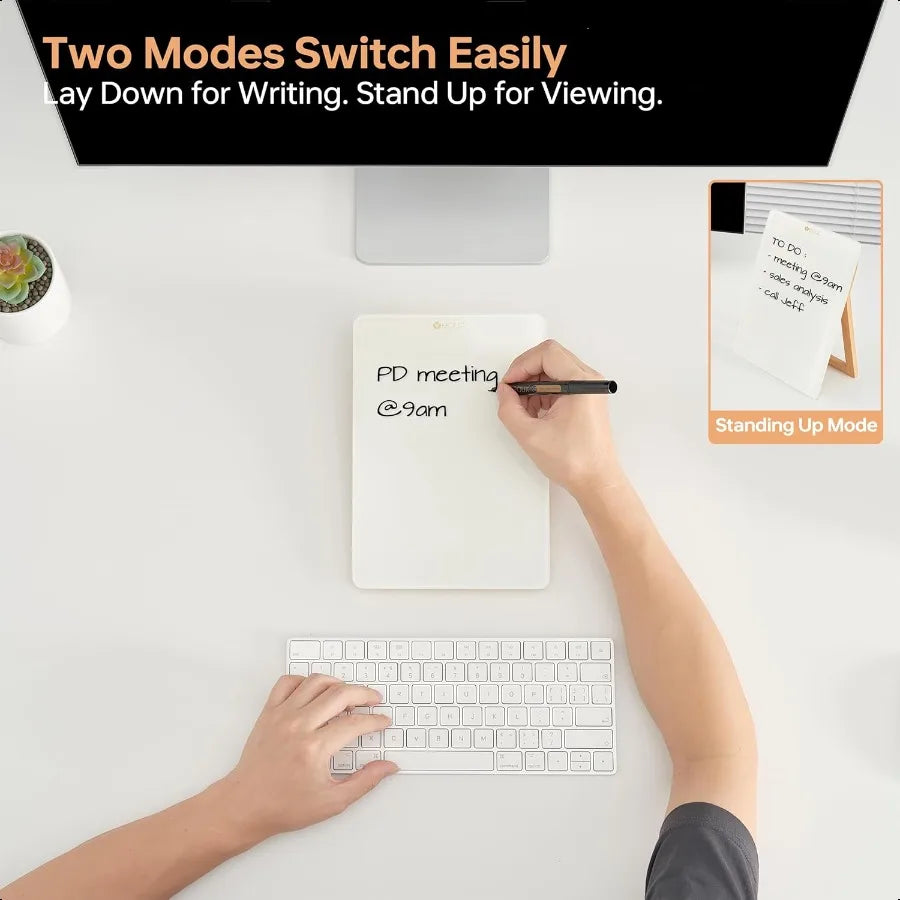 Desktop Glass Whiteboard with Reversible Wood Stand Small White Board Mini Dry Erase Whiteboard Easel for Desk Reusable Desk No