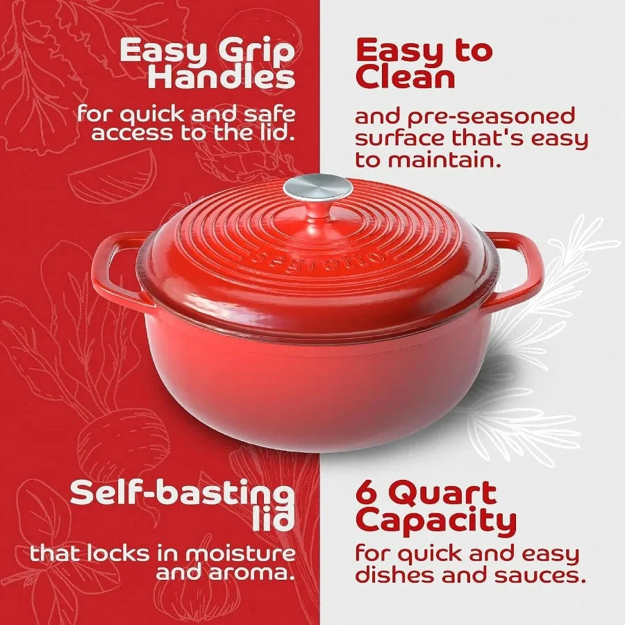 Enameled Cast Iron Dutch Oven with Handle, 6 Quarts, Rosso (Gradient Red) Cast Iron Dutch Oven with Lid | Enameled Crock Pot Dut Shopifynow