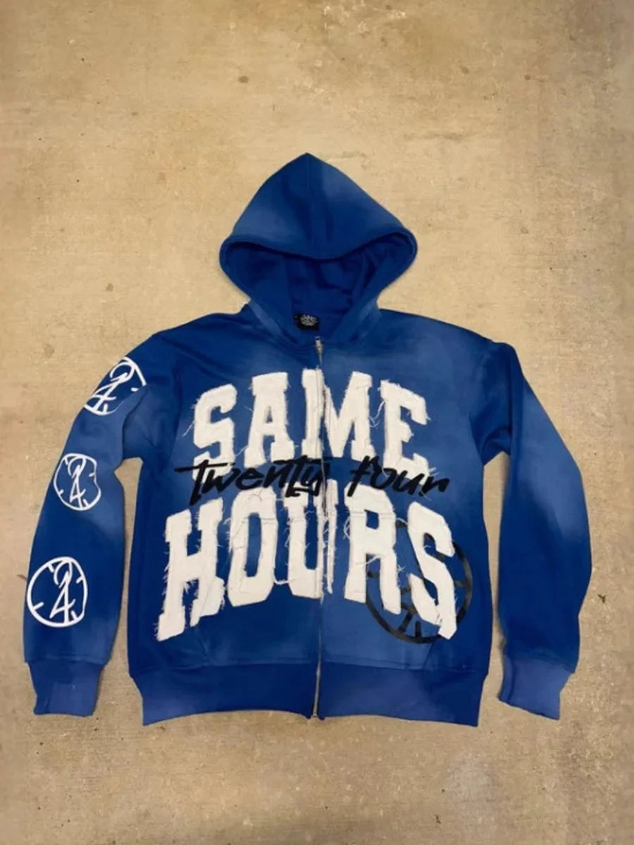 Men's Letter Zipper Embroidery Hoodie Street “Same Hours”Hip-hop Style Vintage Aesthetic Sweatshirt Shopifynow