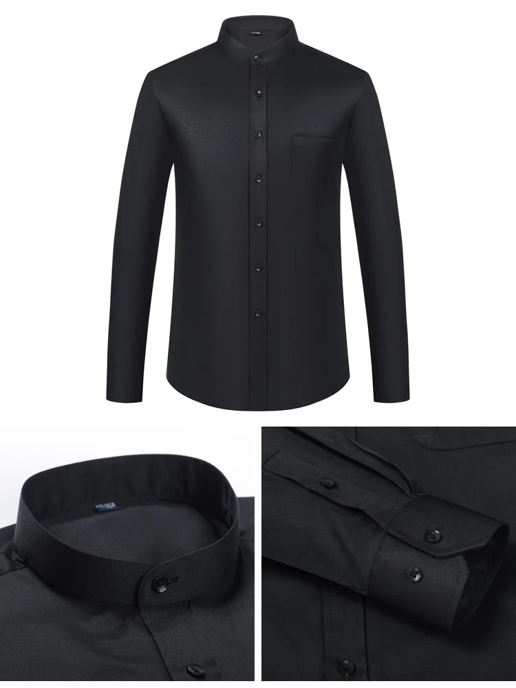 Men's Banded Collar Dress Shirts with Pocket Long Sleeve Mandarin Collar Versatile Shirt Solid Shirt For Business Activities Shopifynow