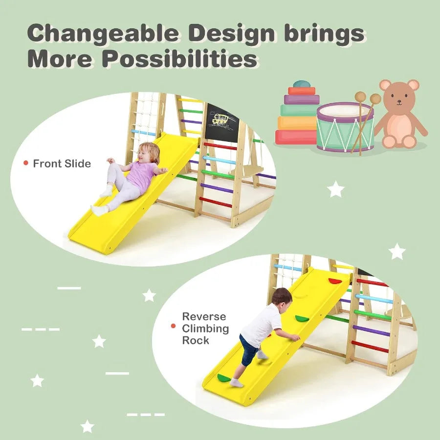 Indoor Jungle Gym 8in1 Montessori Climbing Toys for Toddlers with DoubleSided Slide Climbing Rock Net Indoor Wooden Playground Shopifynow