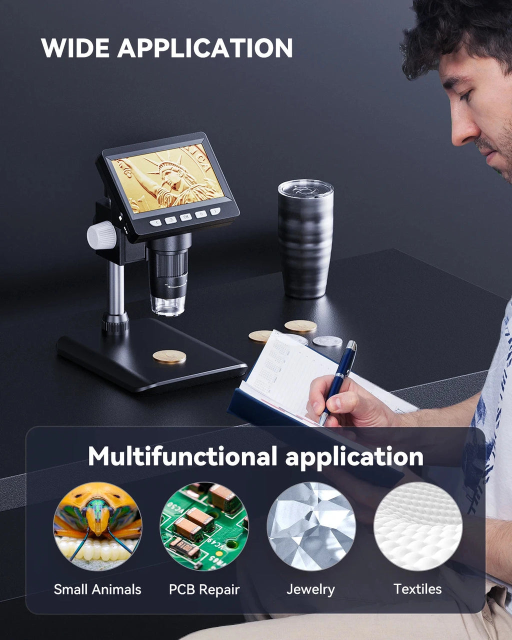 Digital Microscope 4.3" IPS USB Coin Microscope 1000X Magnification 2MP Ultra-Precise Focusing Soldering Microscopes for Repair Shopifynow