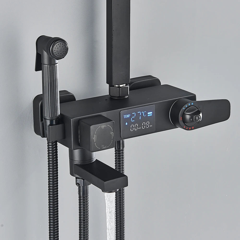 Black Digital Display Thermostatic Shower Faucet Bathroom Thermostatic 4 ways Rainfall Shower Mixer Tap,Shelf and Bidet Faucets - Shopifynow