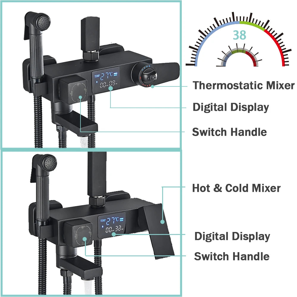 Black Digital Display Thermostatic Shower Faucet Bathroom Thermostatic 4 ways Rainfall Shower Mixer Tap,Shelf and Bidet Faucets - Shopifynow