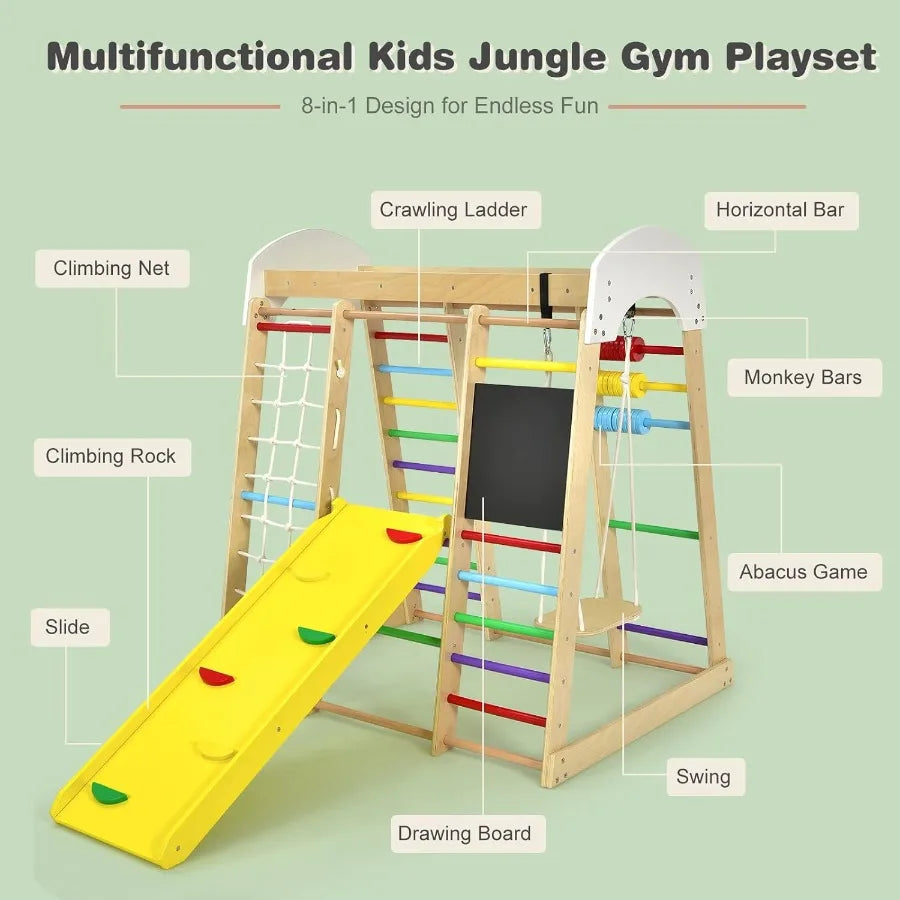 Indoor Jungle Gym 8in1 Montessori Climbing Toys for Toddlers with DoubleSided Slide Climbing Rock Net Indoor Wooden Playground Shopifynow