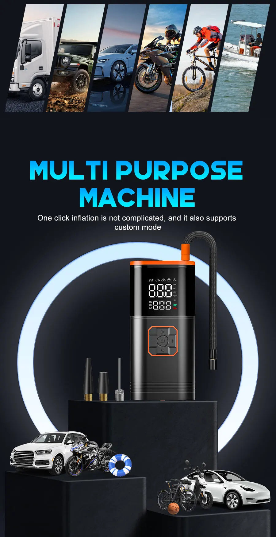 Digital Display Portable Tire Inzzator, USB Rechargeable Air Compressor for Car Bike Motorcycle Tires, Balls, Inflatable Toys