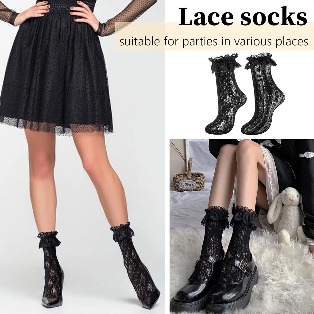 4/8 Pairs Women's Elegant Lace Socks with Ruffles, Frills & Geometric Patterns - Hollow Mesh Lolita Style Stockings, Cute Socks Shopifynow