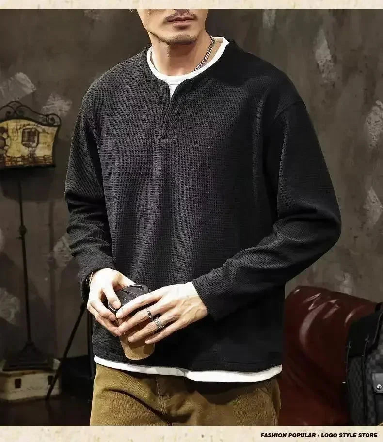 Spring and Autumn New Men Henley neck T Shirt Long Sleeve Casual  Solid color T-Shirt Fashion Waffle Fake two-piece Sweatshirts Shopifynow
