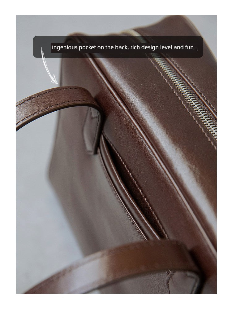 Fan Jia Leather Vegetable Tanned Full-Grain Leather Cowhide Leather Women's 2025 New Arrival Boston Shoulder Work Clothing Bowling Bag Shopifynow